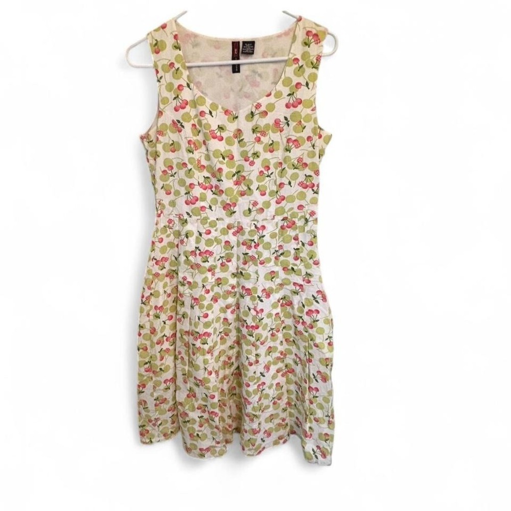 Tease‎ Sleeveless Cherry Cotton Dress 8 White Pink Green Vacation Preppy Casual